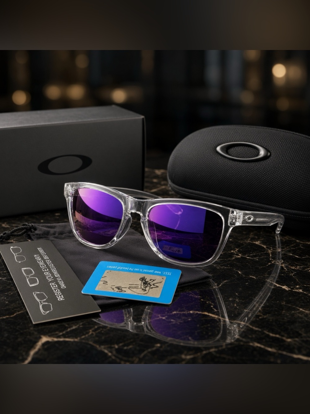 NWT Oakley Frogskins Polarized Clear Frame Purple Violet Lenses w/Case & Box